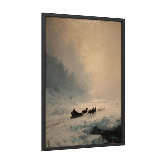 Snowy Wagon Journey framed art print — black wood frame — white and gold palette