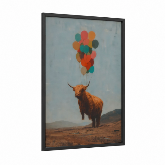 Balloon Highland Cow framed art print — black wood frame — orange and teal palette