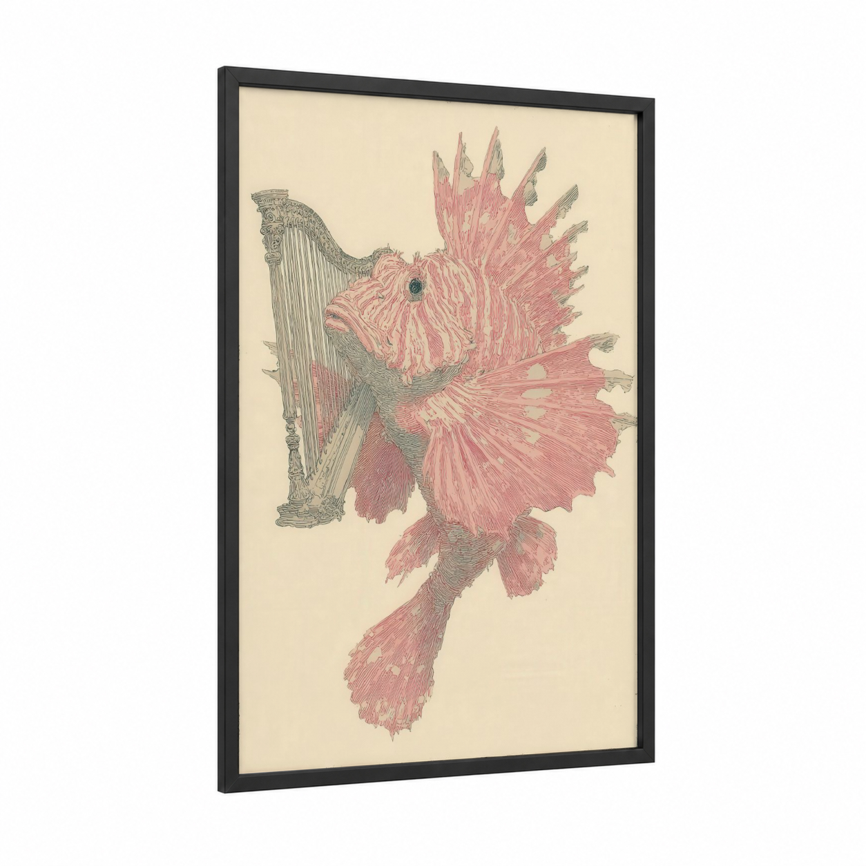 Pink Lionfish Musician framed art print — black wood frame — salmon pink and cream palette