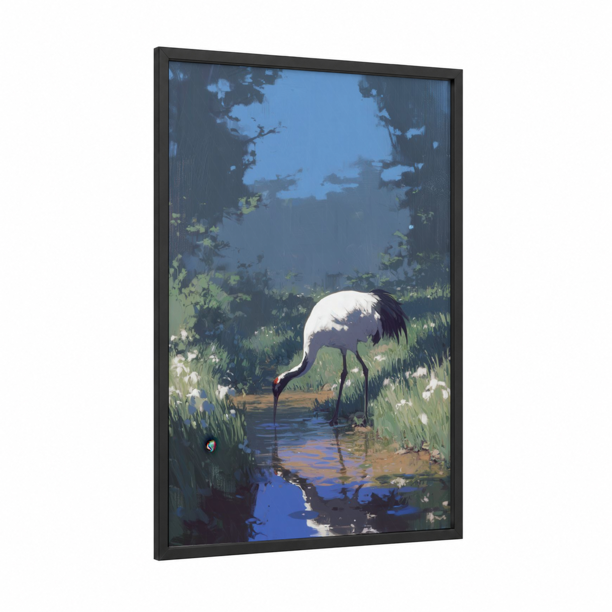Serene Crane framed art print — black wood frame — blue and light green palette