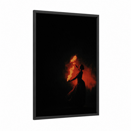 Fiery Belly Dancer framed art print — black wood frame — red and black palette