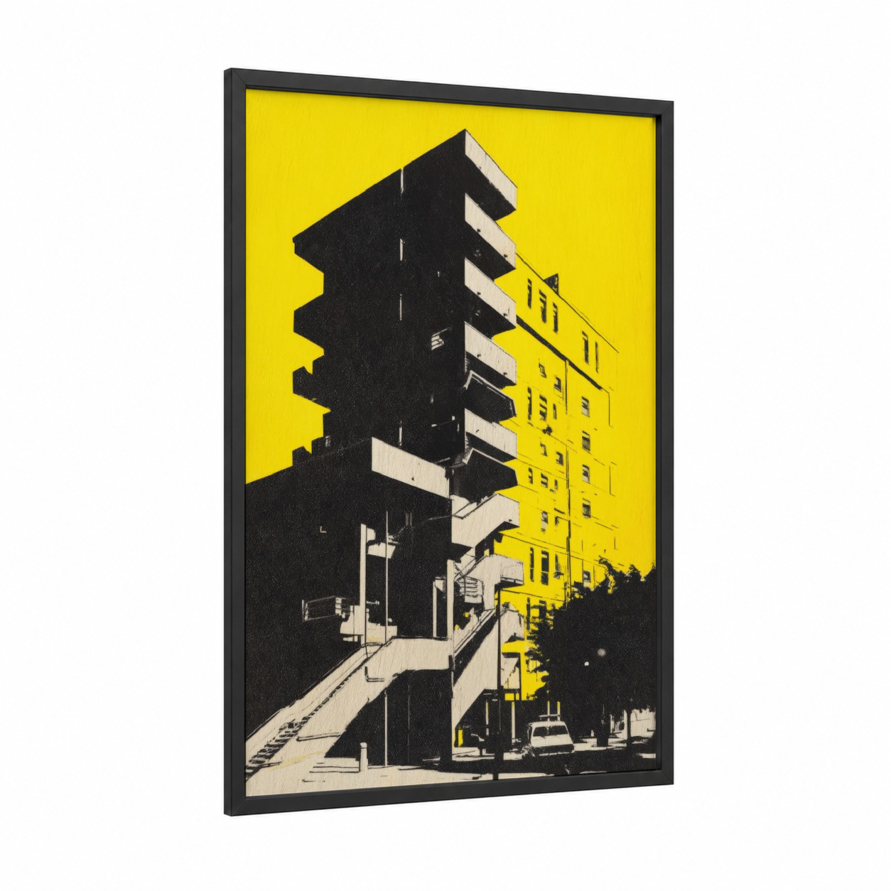 Brutalist Tower framed abstract architecture print — black wood frame — yellow and black palette