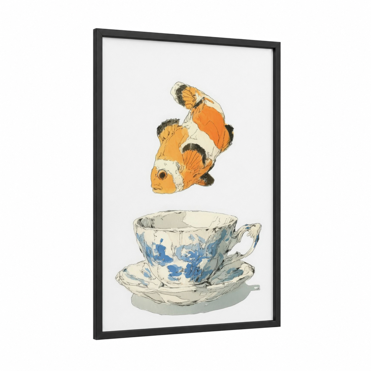 Floating Clown Fish framed art print — black wood frame — orange and blue and white palette