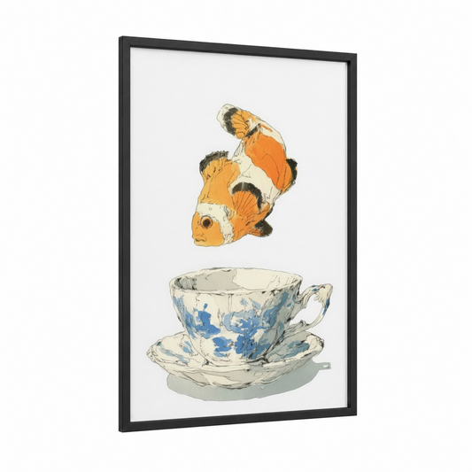 Floating Clown Fish framed art print — black wood frame — orange and blue and white palette