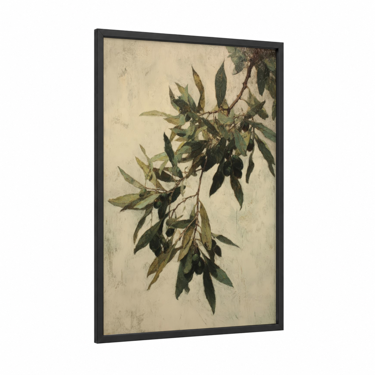 Olive Branch Study framed olive tree print — black wood frame — beige and dark green palette
