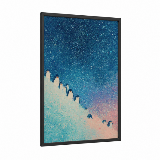 Cosmic Penguin Odyssey framed space print — black wood frame — blue and pink palette