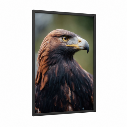 Golden Eagle Portrait framed art print — black wood frame — brown and white palette