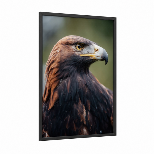 Golden Eagle Portrait framed art print — black wood frame — brown and white palette