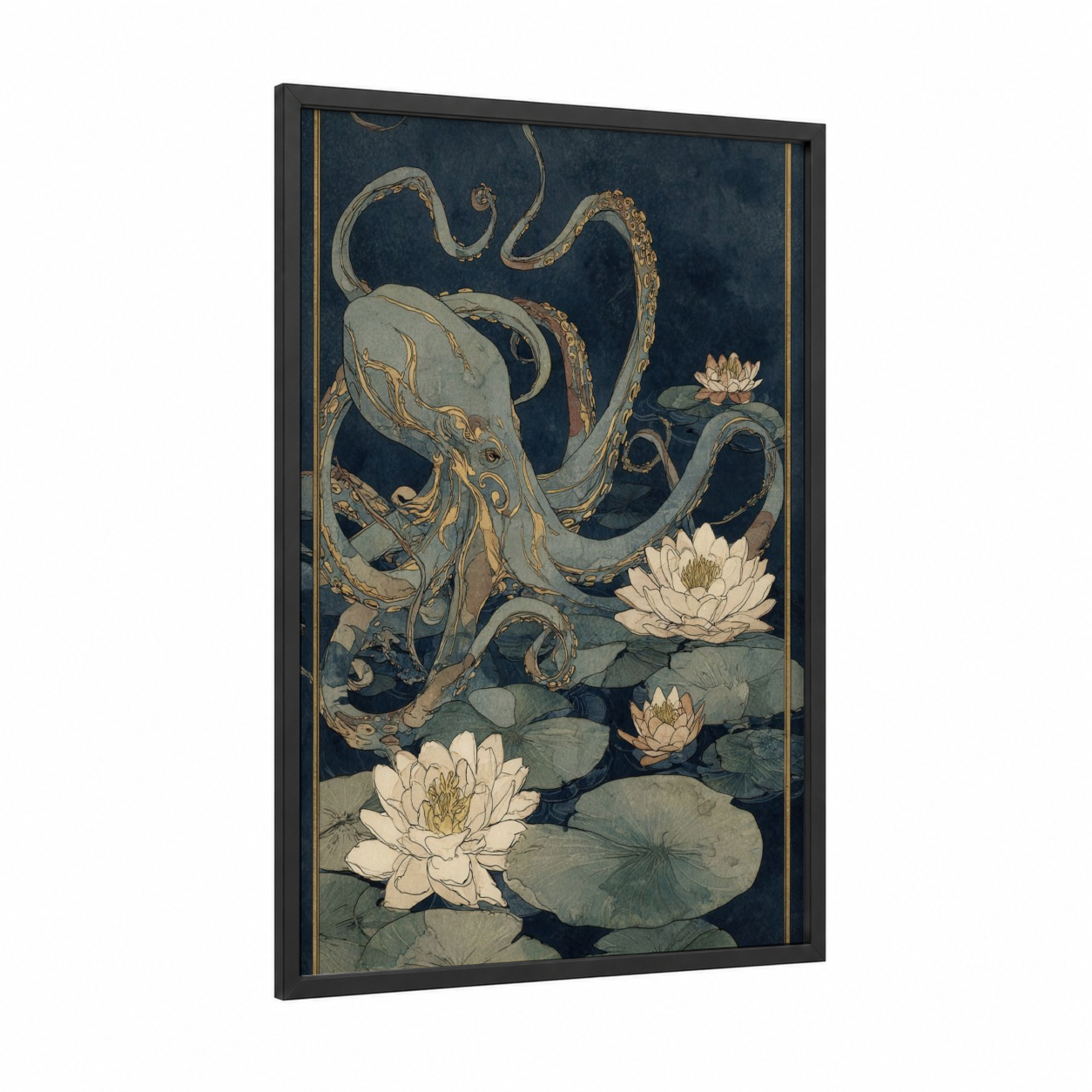 Gilded Octopus framed art print — black wood frame — dark blue and gold and white palette