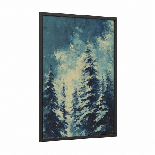 Snowy Forest Stillness framed forest trees print — black wood frame — teal and cream palette
