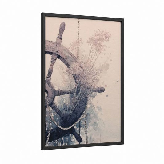 Botanical Shipwheel framed art print — black wood frame — gray and beige palette