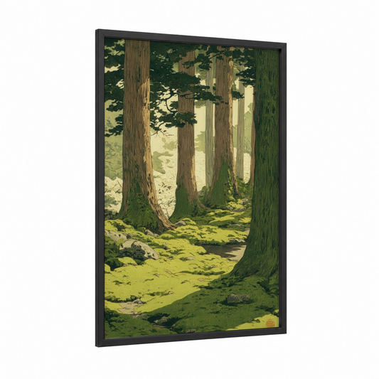 Misty Cedar Grove framed cedar forest print — black wood frame — green and cream palette