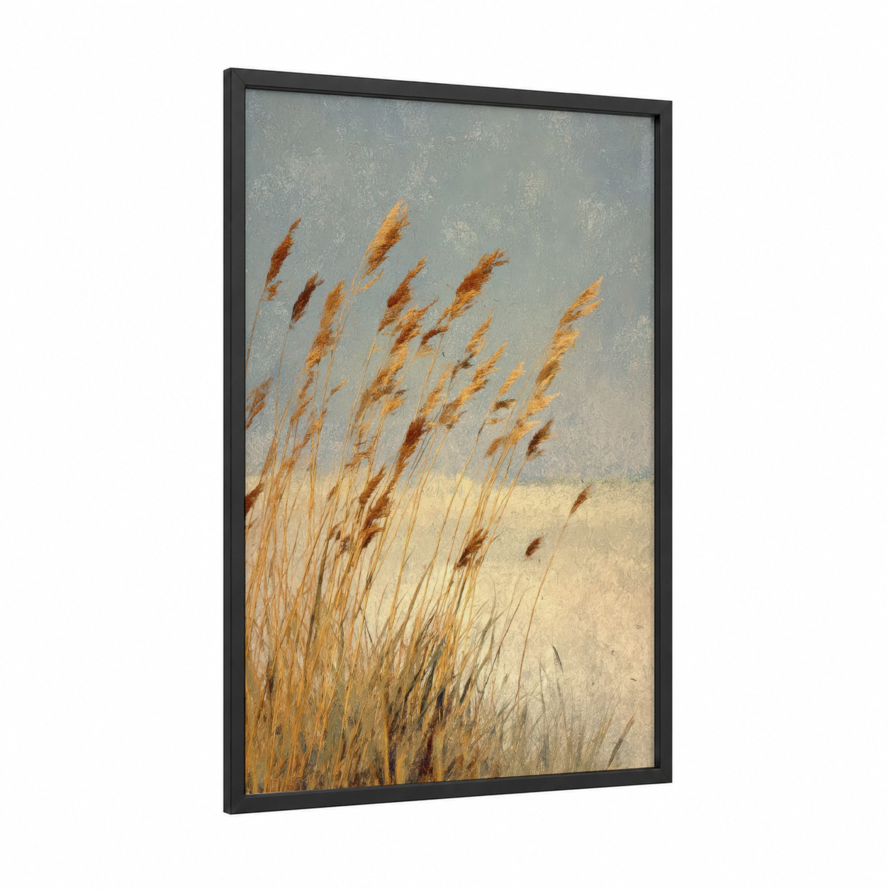 Golden Grass Breeze framed art print — black wood frame — gold and gray palette