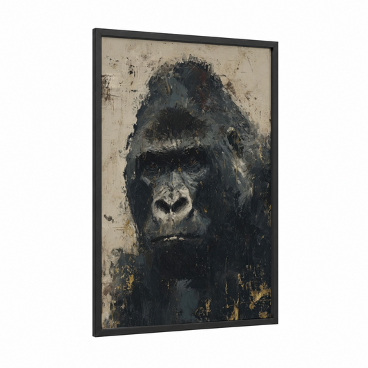 Contemplative Gorilla framed art print — black wood frame — black and beige palette