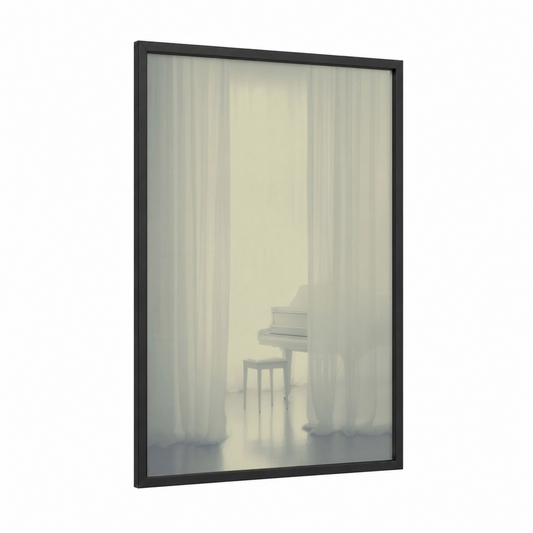 Misty Piano framed art print — black wood frame — white and gray palette