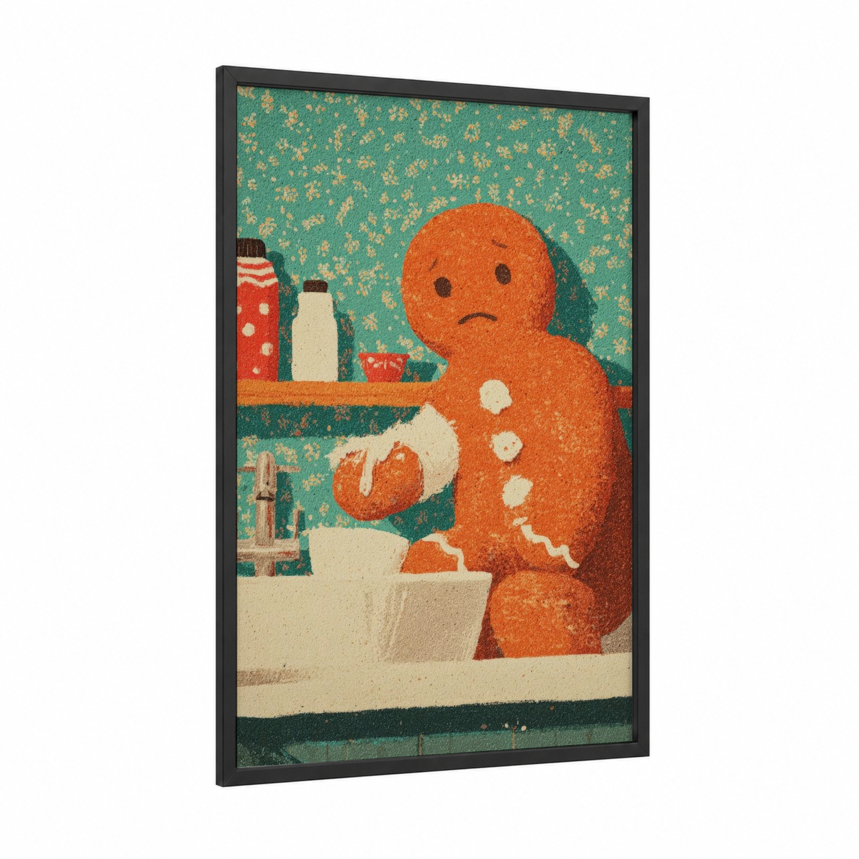 Melting Gingerbread framed christmas print — black wood frame — teal and gold palette