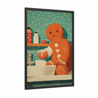 Melting Gingerbread framed christmas print — black wood frame — teal and gold palette