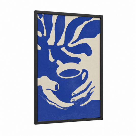 Blue Coffee Hands framed art print — black wood frame — blue and cream palette