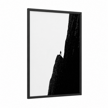 Solitary Climber framed ice climbing print — black wood frame — black and white palette