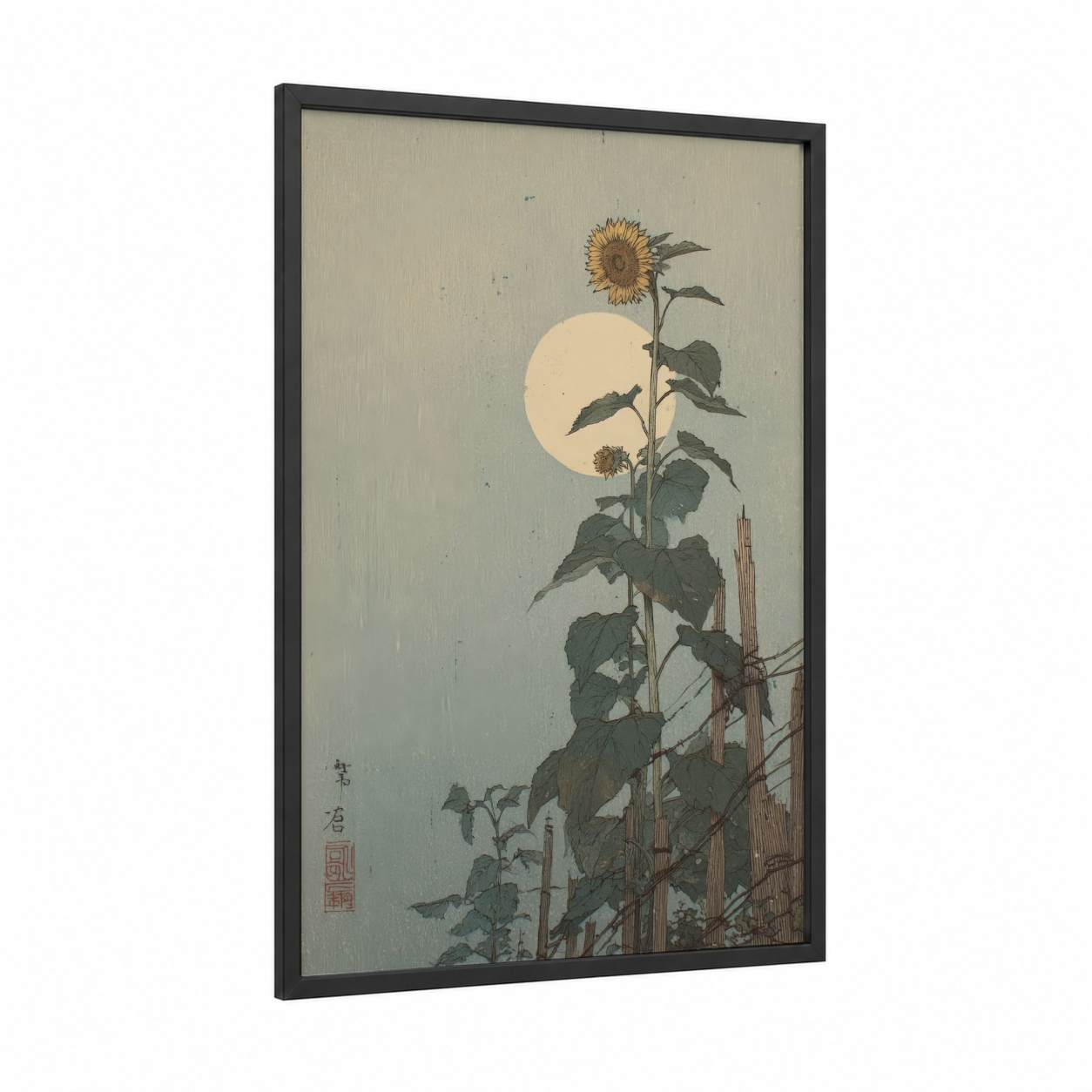 Moonlit Sunflower framed art print — black wood frame — cream and sage green palette