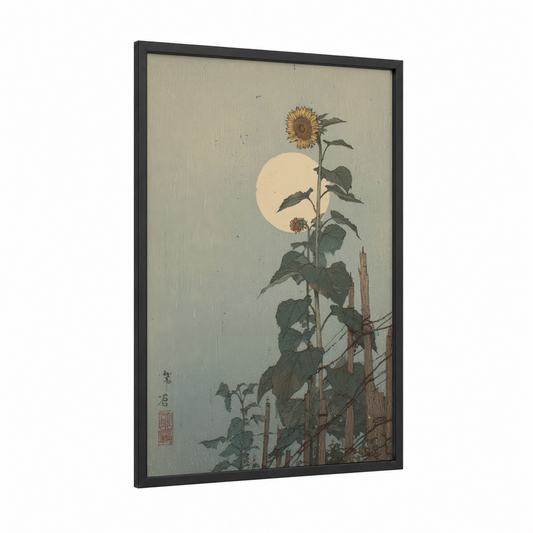 Moonlit Sunflower framed art print — black wood frame — cream and sage green palette