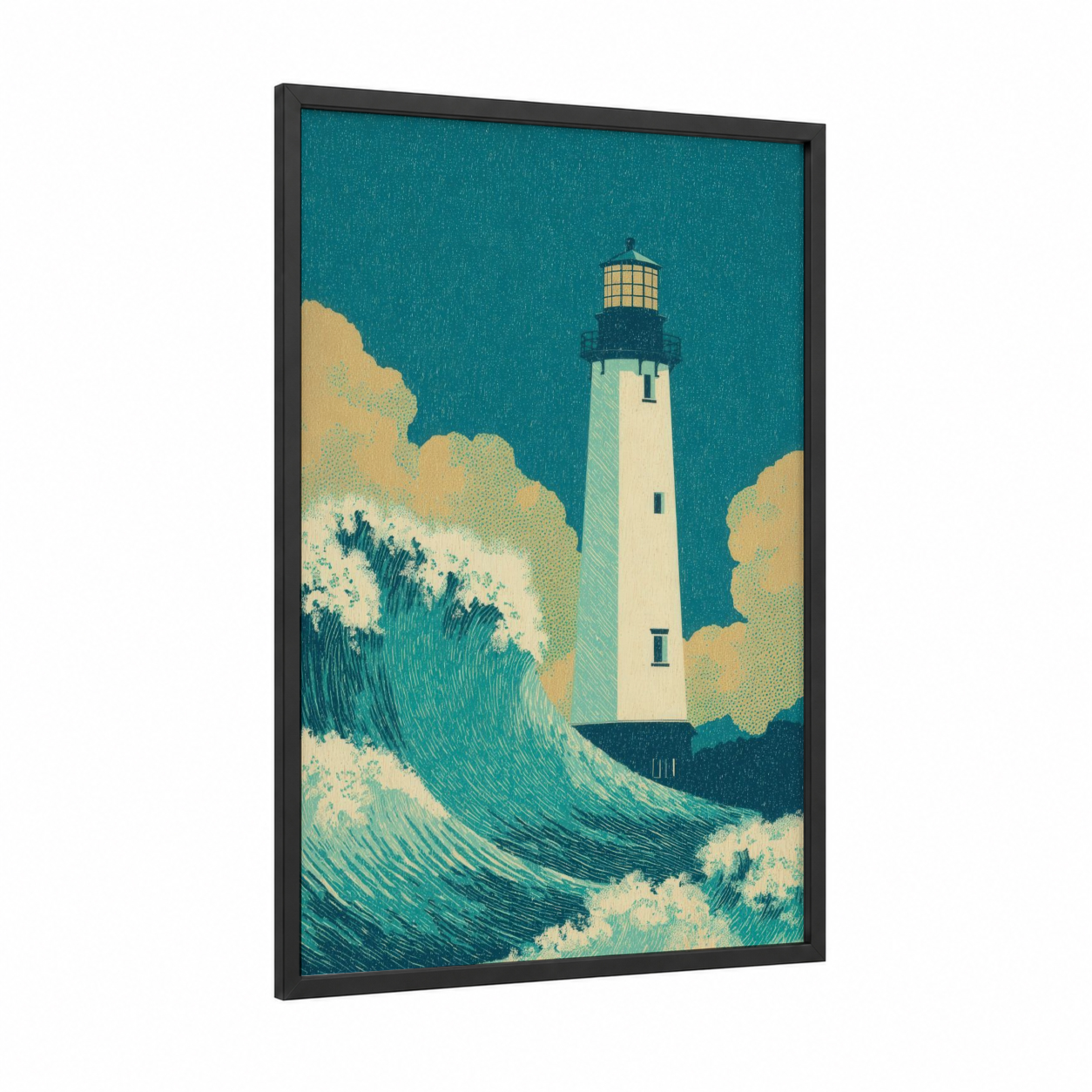 Coastal Lighthouse Waves framed art print — black wood frame — teal and cream palette