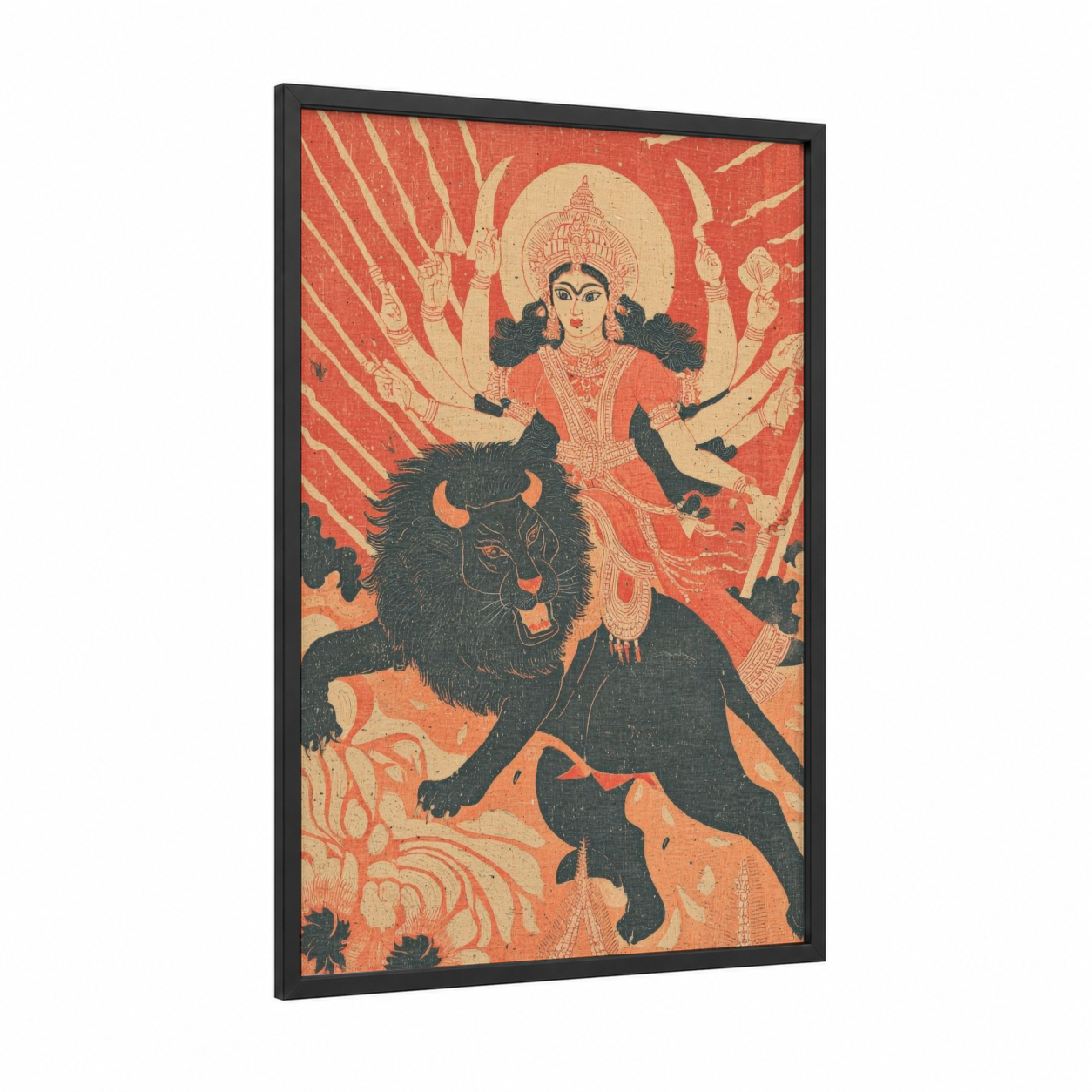 Divine Durga framed hinduism print — black wood frame — red and cream palette