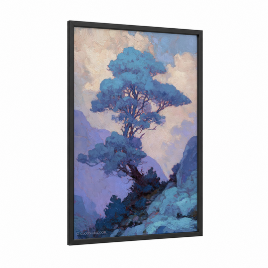 Cliff-Perched Juniper framed juniper tree print — black wood frame — blue and cream palette