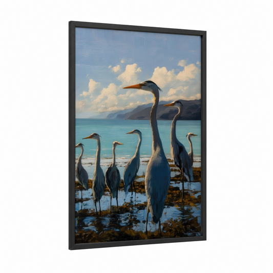 Coastal Heron Gathering framed art print — black wood frame — blue and white palette