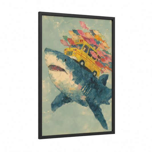 Shark Road Trip framed basking shark print — black wood frame — sage green and gold palette
