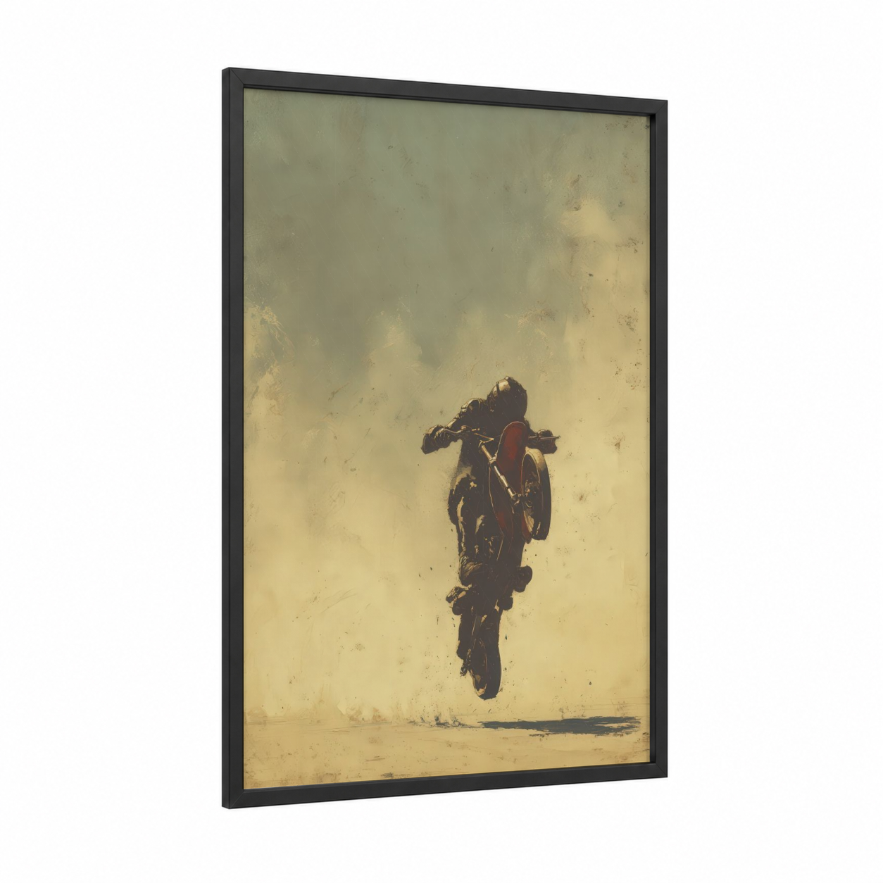 Desert Stunt Rider framed scooter print — black wood frame — gold and brown palette