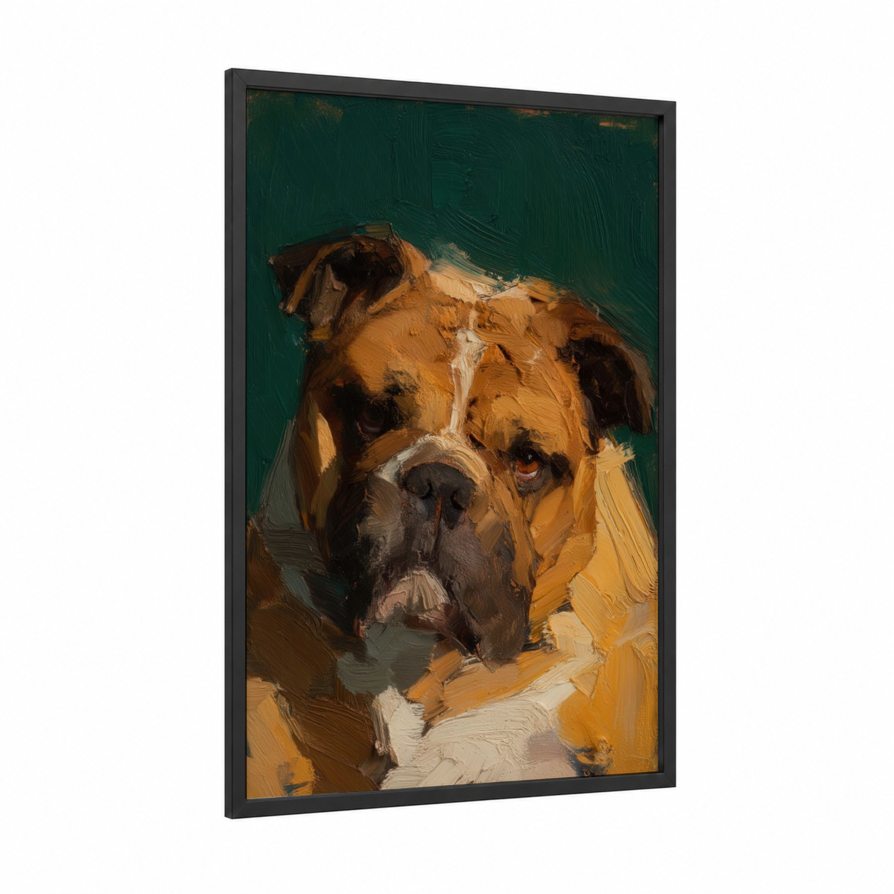 Fawn Bulldog framed art print — black wood frame — dark green and gold palette