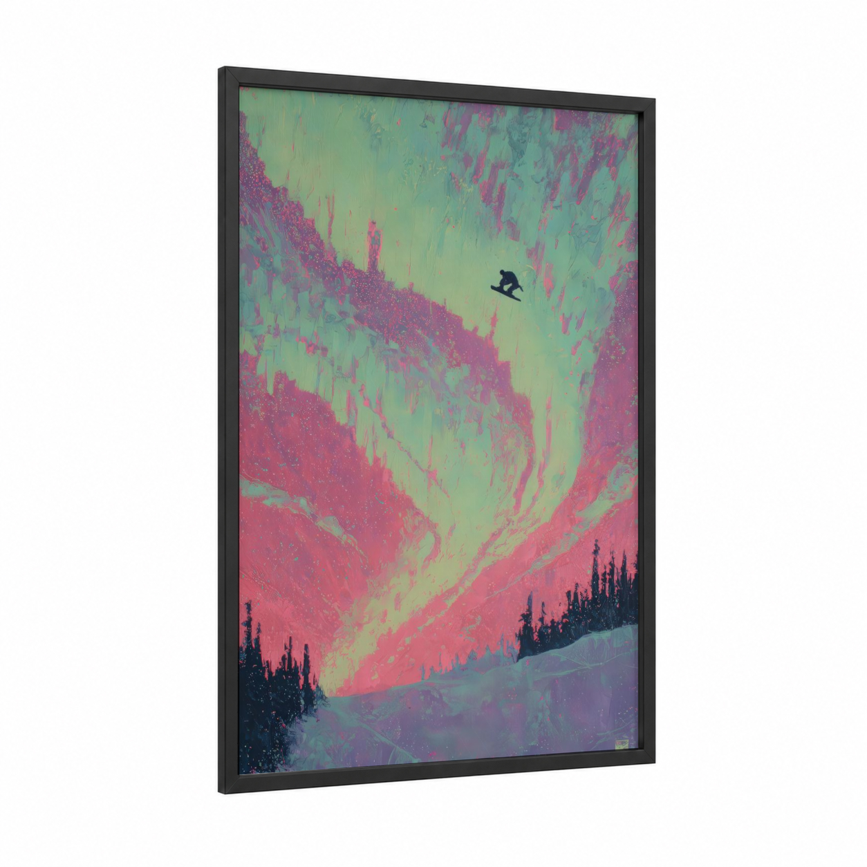 Aurora Snowboarder framed snowboarding print — black wood frame — magenta and light green palette