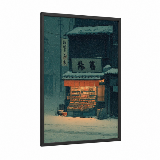 Snowy Sweet Shop framed art print — black wood frame — teal and gold palette