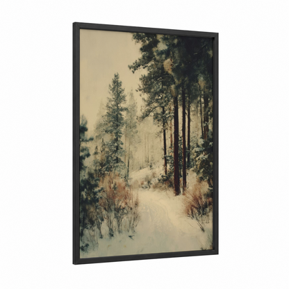 Snowy Pine Forest framed winter print — black wood frame — cream and gray and white palette