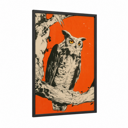 Golden Owl Branch framed art print — black wood frame — orange and black and white palette