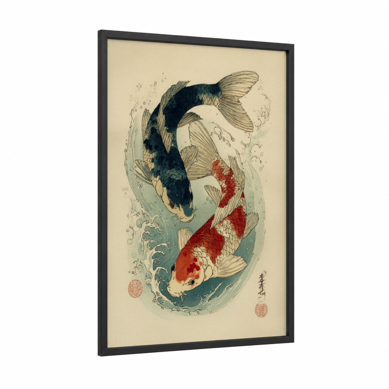 Yin Yang Koi framed koi fish print — black wood frame — dark blue and cream palette
