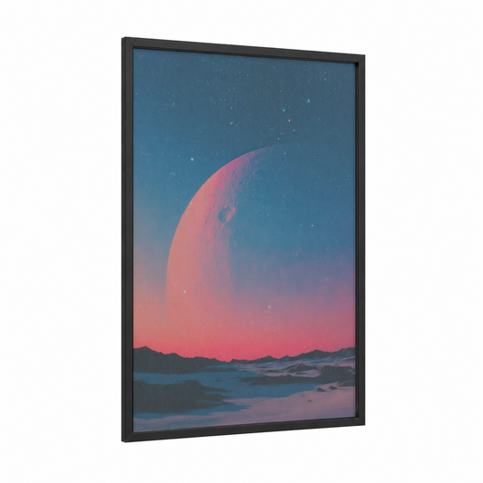 Pink Galaxy Rise framed art print — black wood frame — blue and salmon pink palette