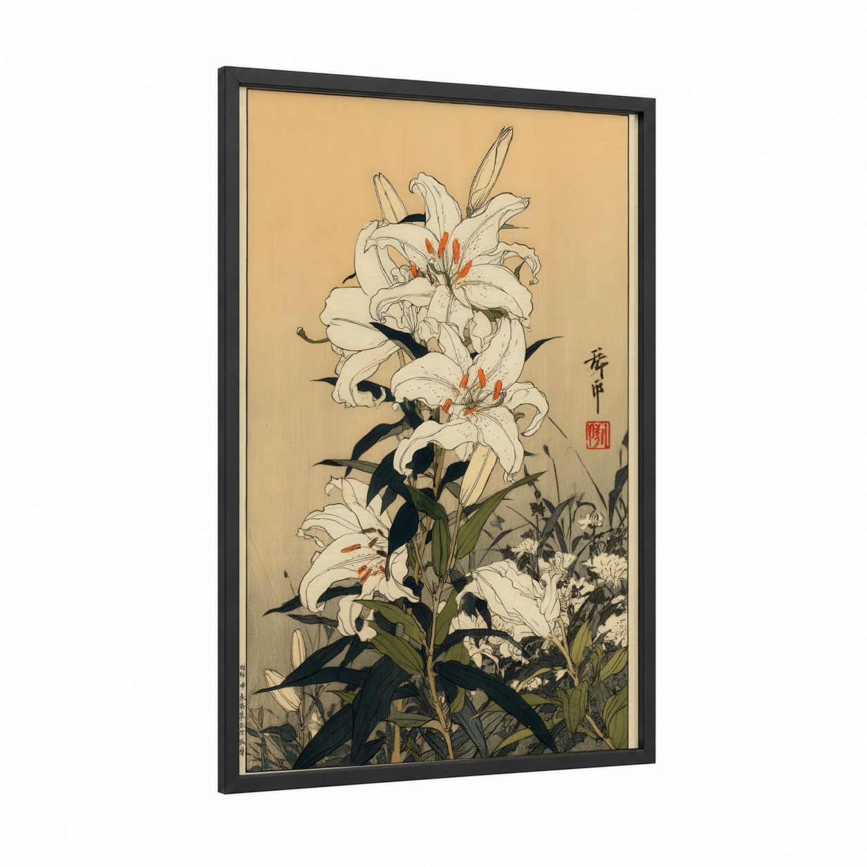 White Amaryllis Study framed amarillys print — black wood frame — cream and black and white palette