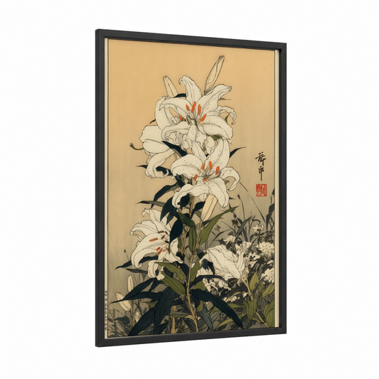 White Amaryllis Study framed amarillys print — black wood frame — cream and black and white palette