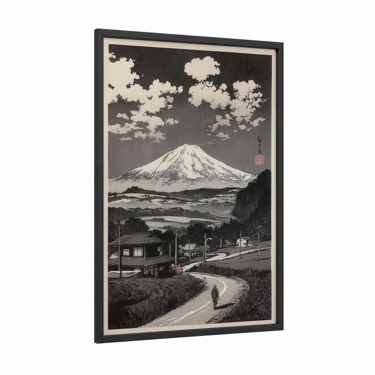 Mount Fuji Vista framed various landscapes print — black wood frame — black and white and cream palette