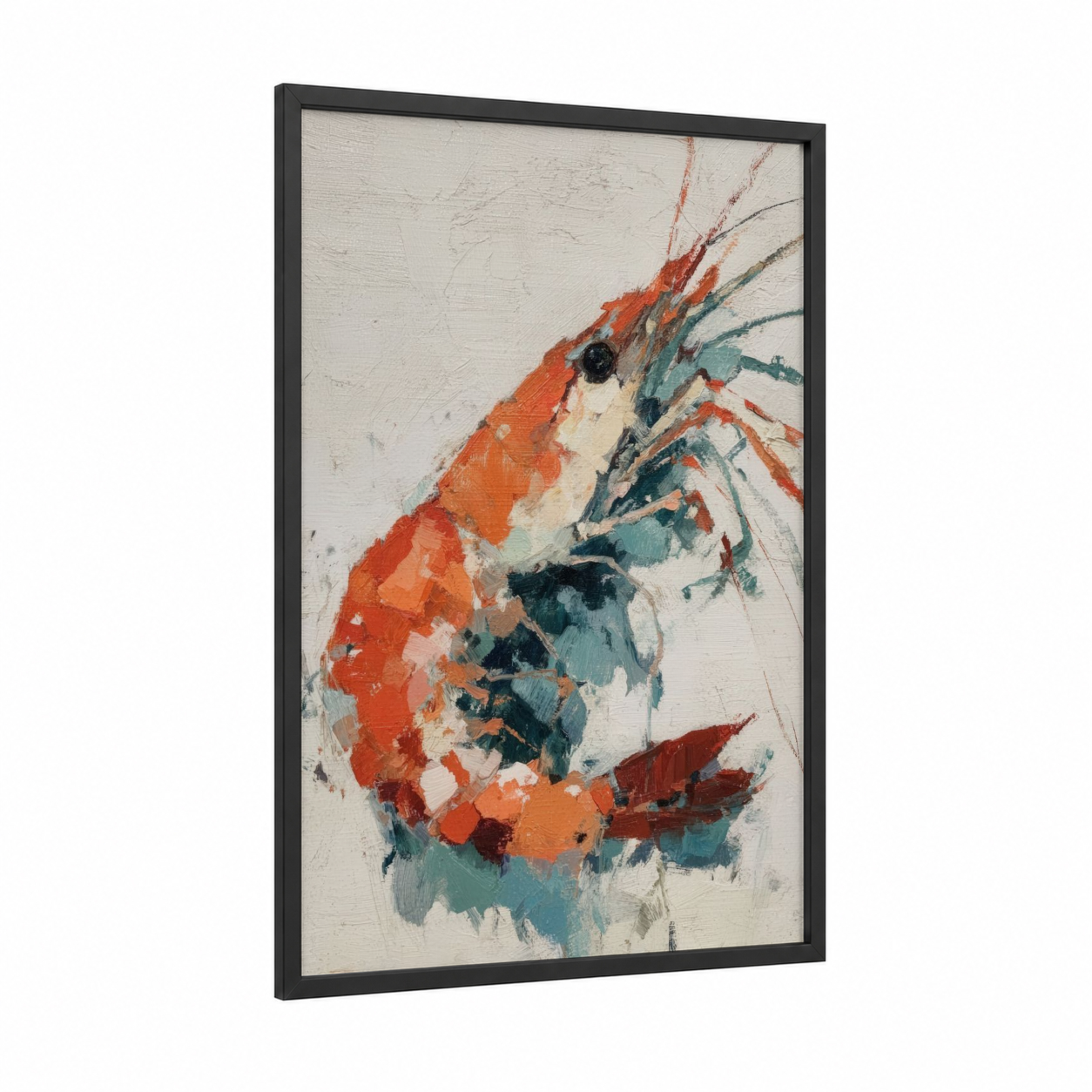 Crimson Shrimp framed art print — black wood frame — red and teal palette