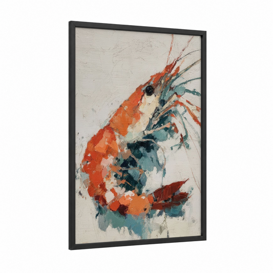 Crimson Shrimp framed art print — black wood frame — red and teal palette