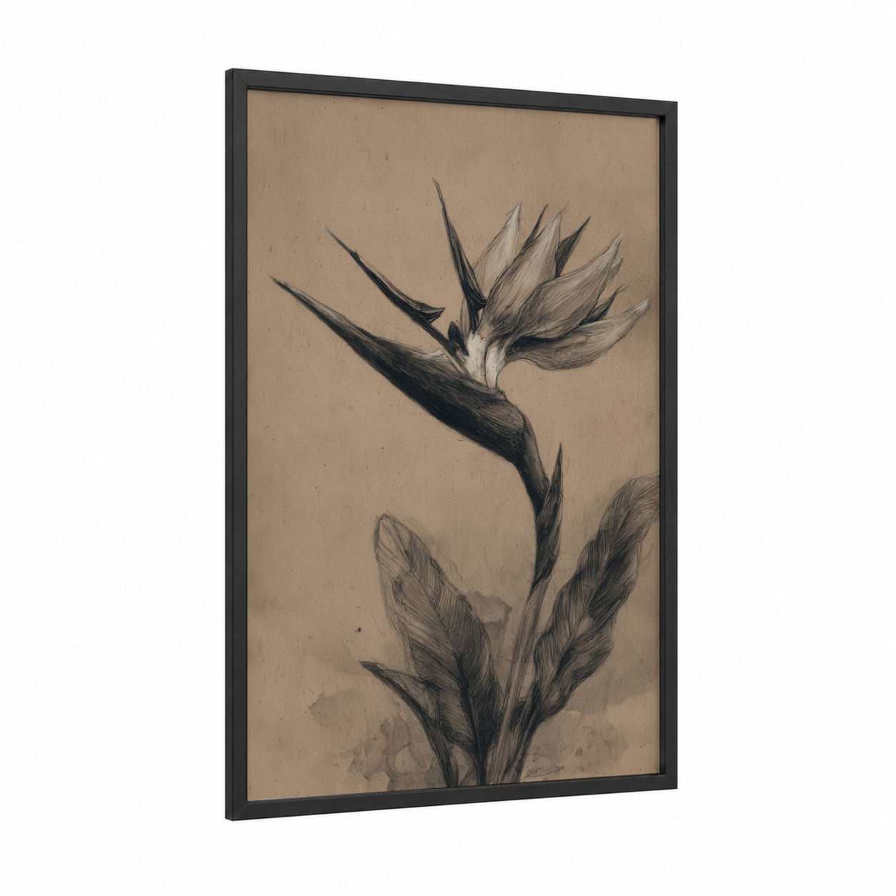 Elegant Bird Paradise framed birds of paradise print — black wood frame — black and white and beige palette