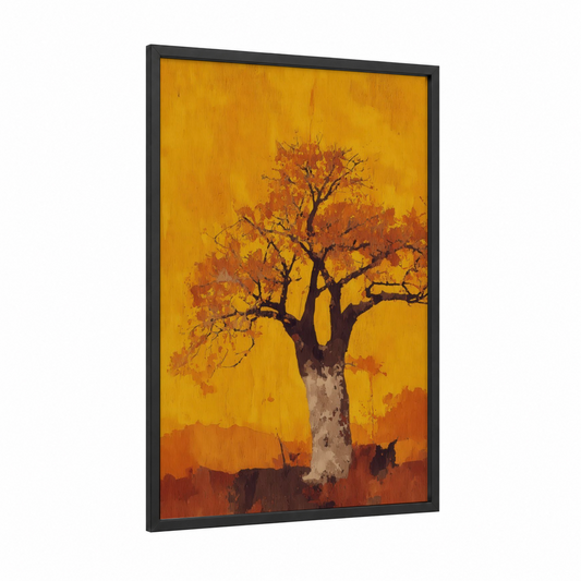 Golden Baobab framed baobab tree print — black wood frame — gold and orange palette
