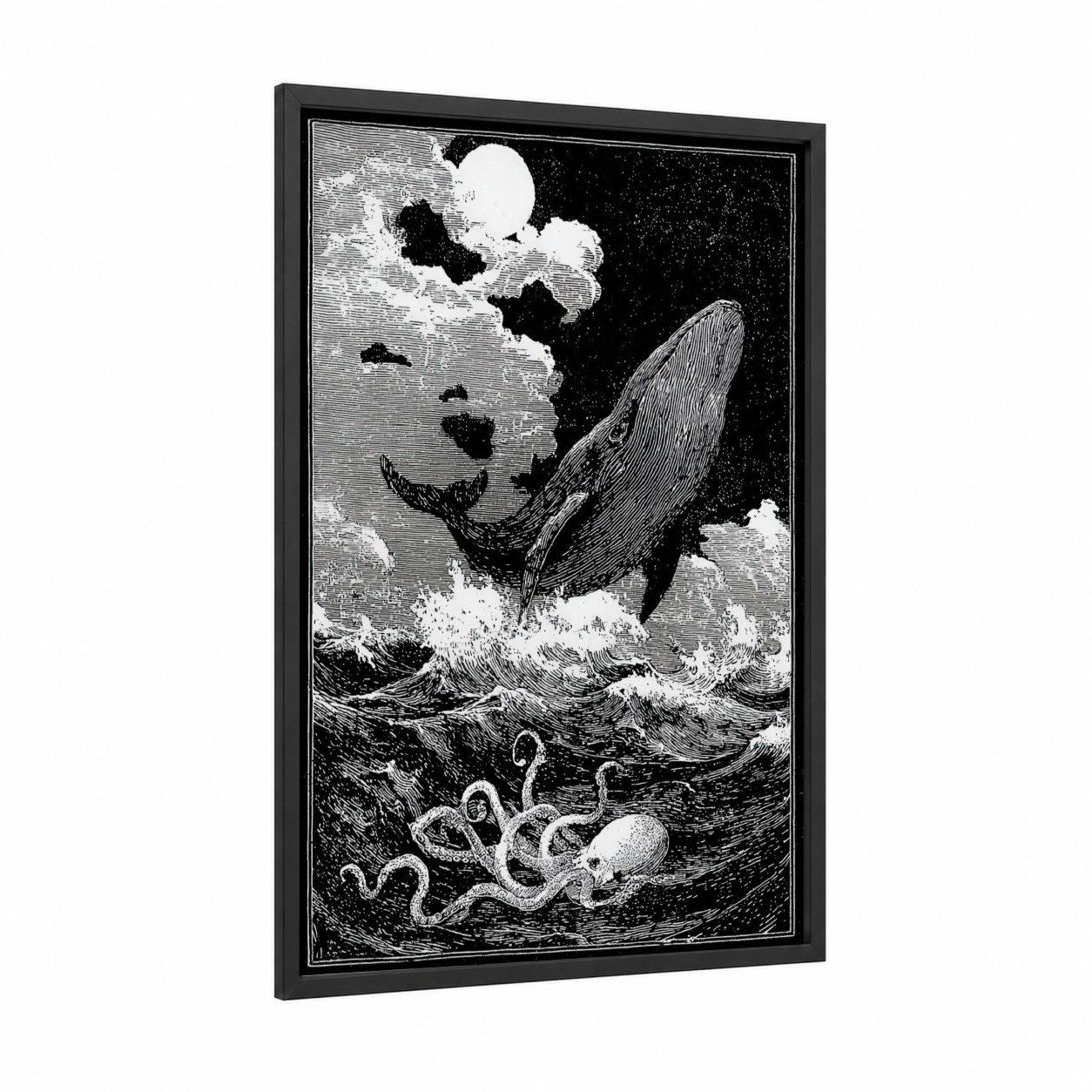 Moonlit Whale framed sperm whale print — black wood frame — black and white palette