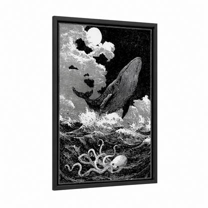 Moonlit Whale framed sperm whale print — black wood frame — black and white palette