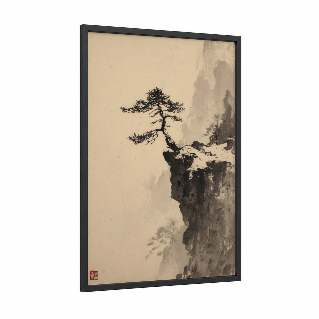 Cliff Bonsai framed art print — black wood frame — black and white and dove gray palette