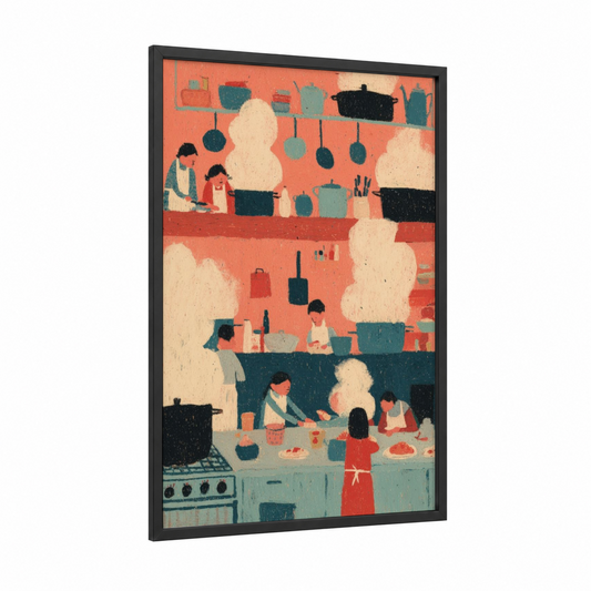 Festive Kitchen Gathering framed thanksgiving print — black wood frame — teal palette