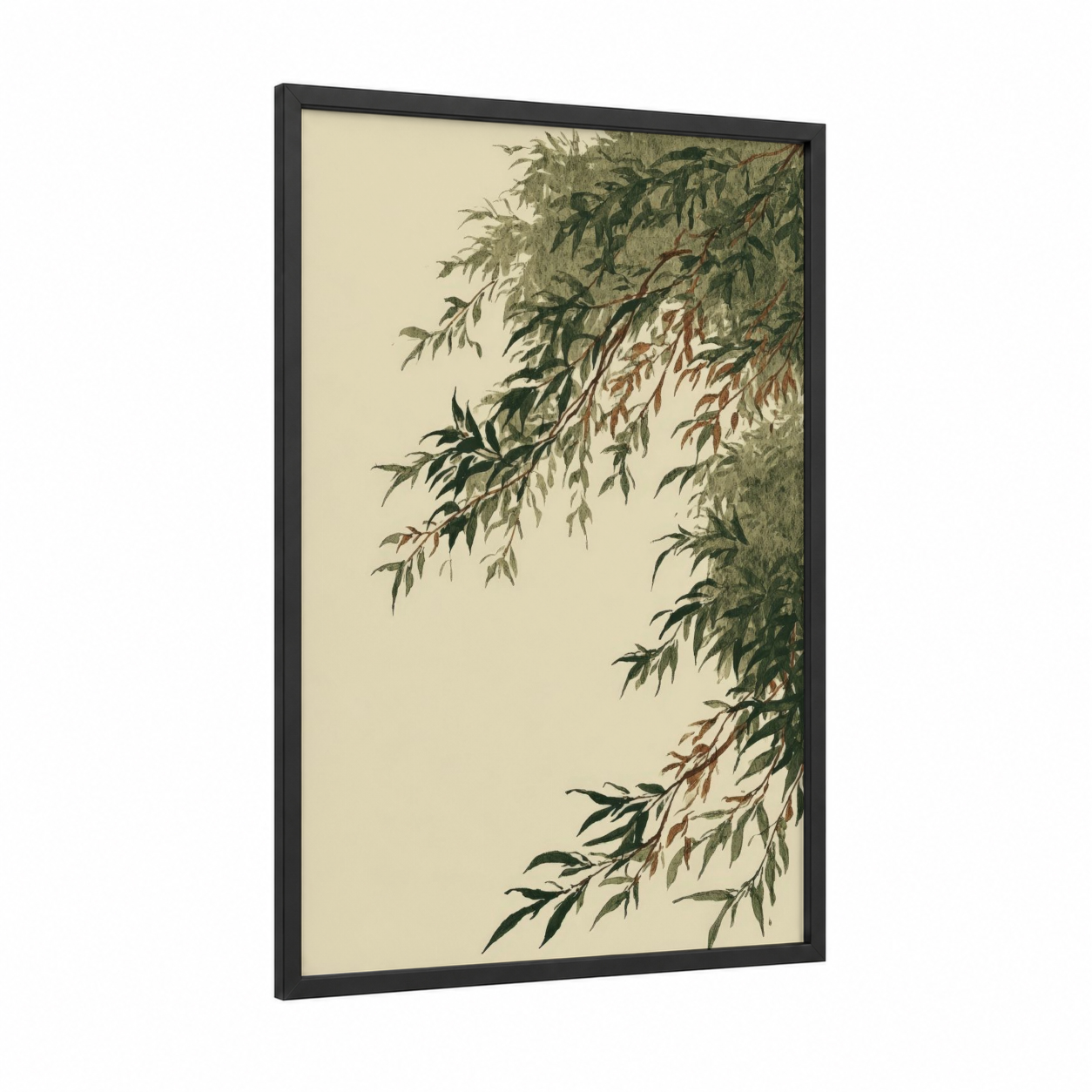 Willow Branches framed leaf print — black wood frame — sage green and cream palette